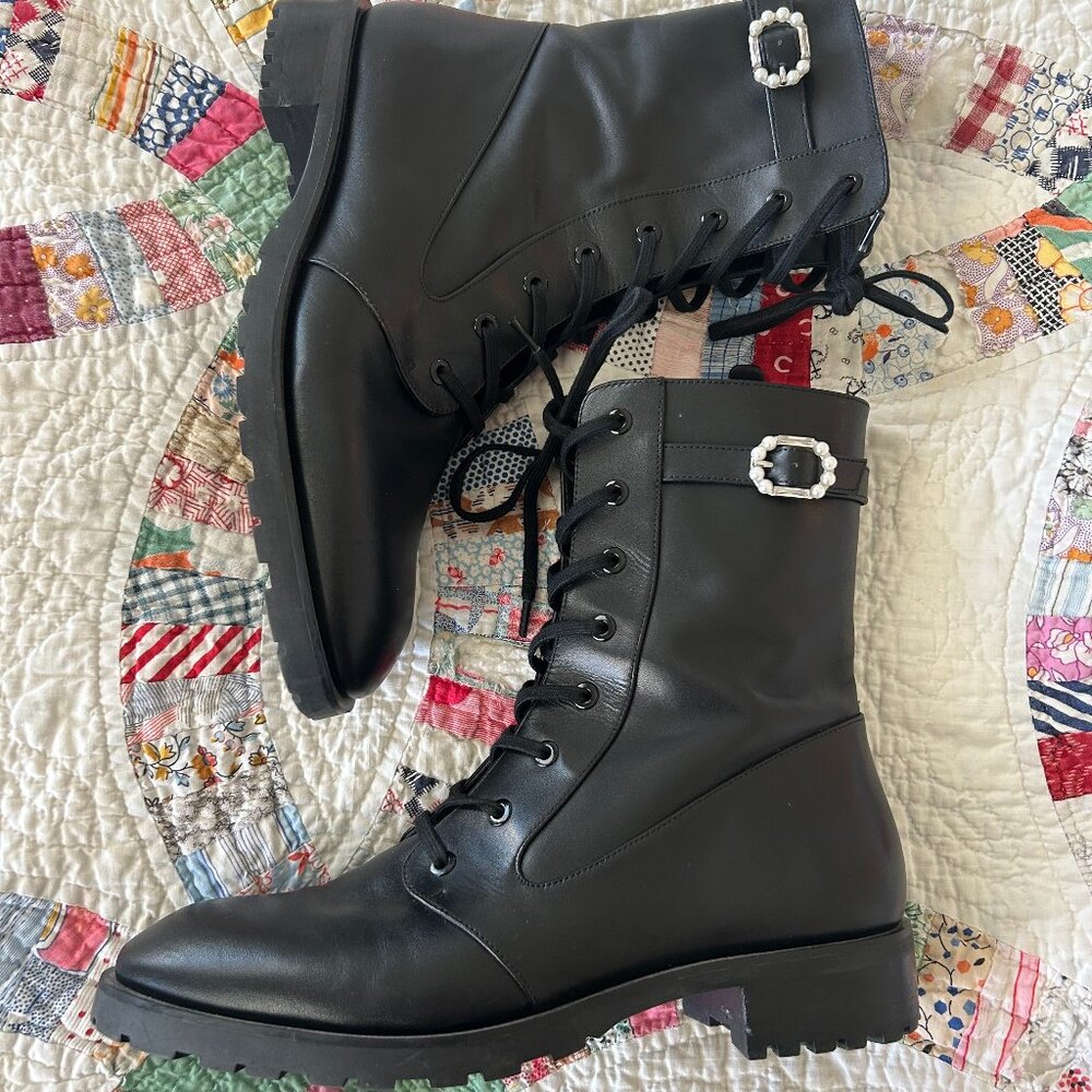 Stuart Weitzman "Dazzle" Combat Boots w Pearl Buckle (black leather, size 8.5)
